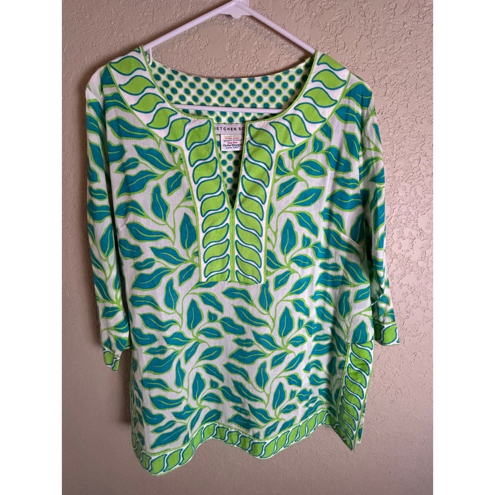 Gretchen Scott Tunic Top Women XL Green Blue Leaf Print Cotton 3/4 Sleeve